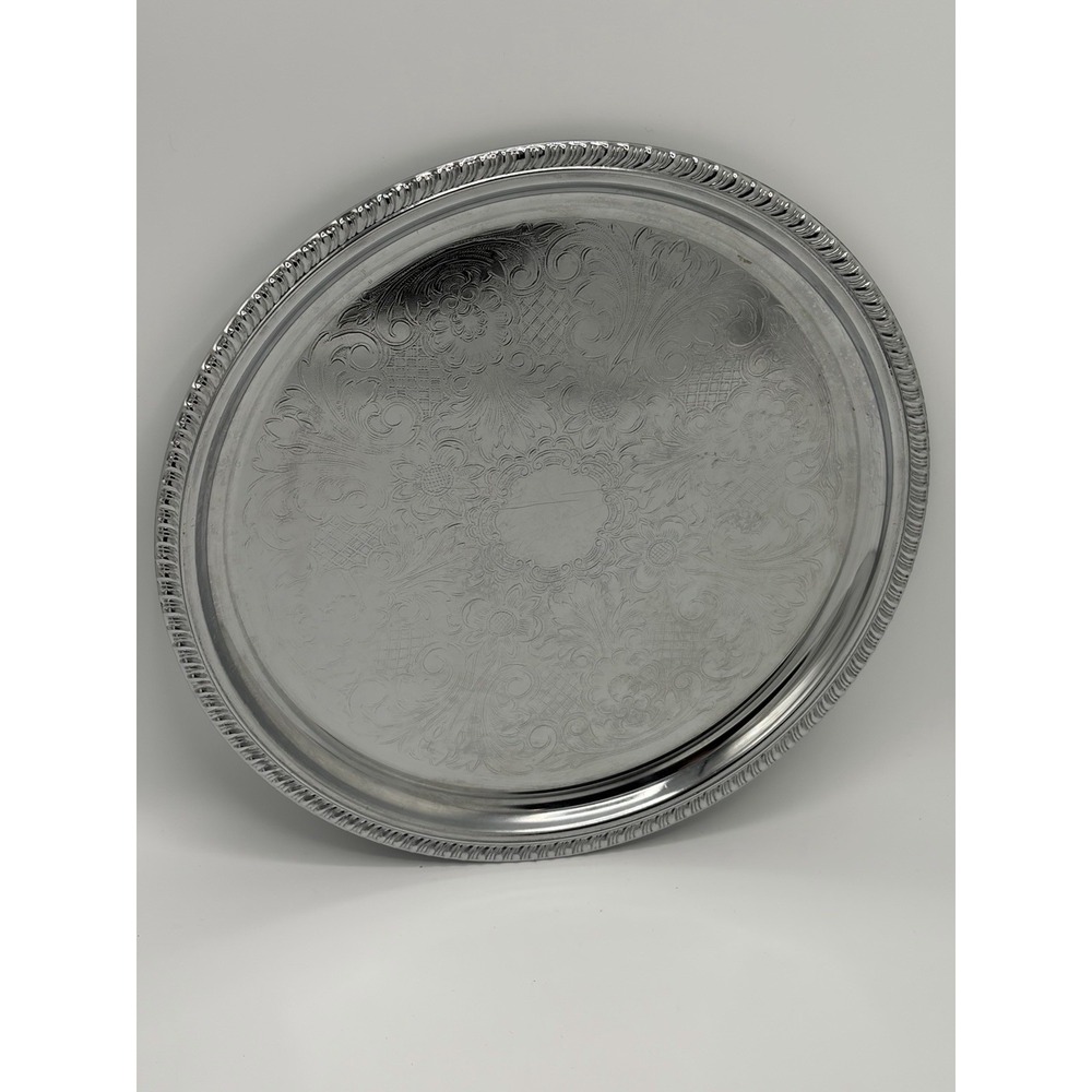 Vintage Irvinware Silver Plate Intricate Patterned Tray With Braided Border 12"